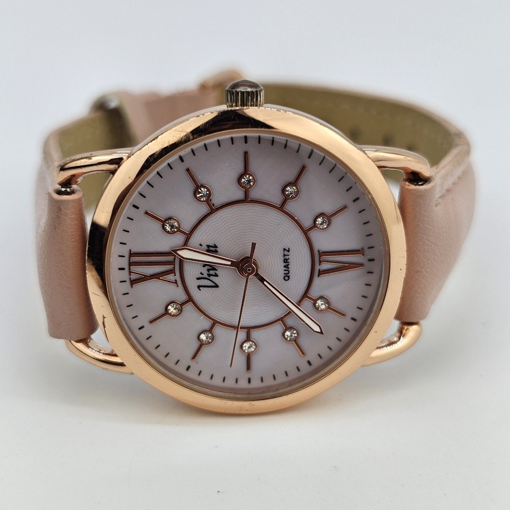 Vivani Women's Watch 34MM Gold Case Pink Dial Pink Leather Bands New Battery